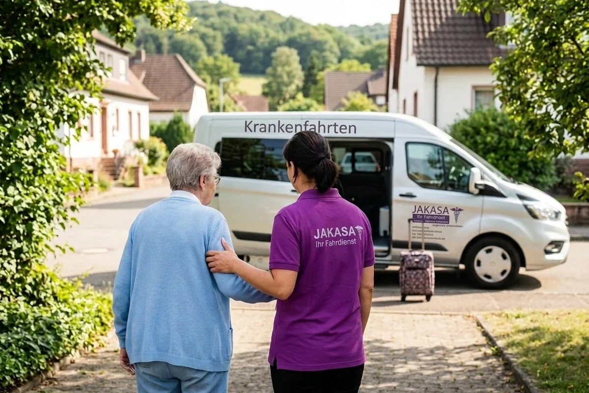 JAKASA-Mitarbeiter begleitet Patientin fürsorglich zum Transportfahrzeug